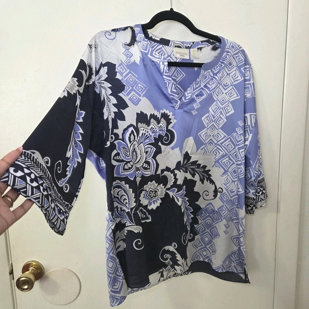 Chico's 0 Blue Mixed Print‎ Tunic Blouse Womens Small Kimono